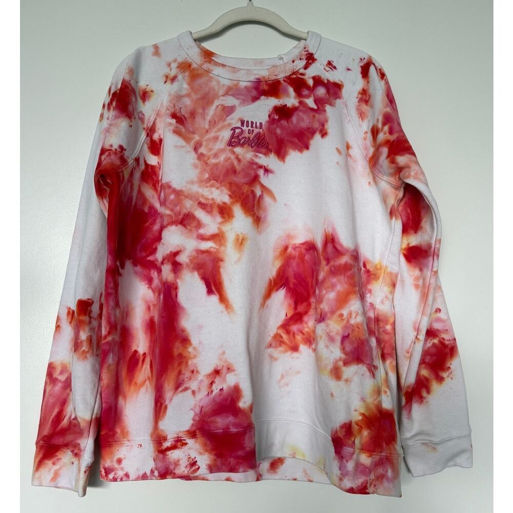 World of Barbie Mattel Sweatshirt L Tie Dye Pink Orange Embroidered Crewneck
